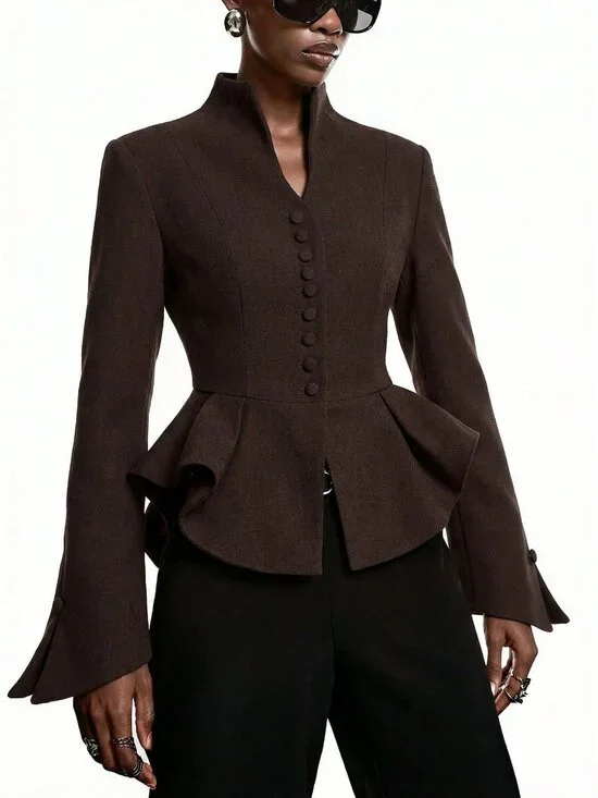 Coffee Brown Elegant Women's Minimalist Coffee Fitted Waist Blazer - Picture 3 of 6